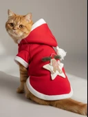 Yılbaşı Kedi Kıyafeti Yıldız Desenli Kırmızı Polar | Kapüşonlu Noel Kedi Kostümü | Kurabiye Temalı thumbnail 1