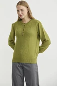 Yarım Düğmeli Yuvarlak Yaka Triko Kazak - Yeşil thumbnail 2