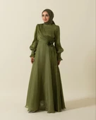 3067 STİLİFE KOL PİLİSE KUŞAK GÜLLÜ ELBİSE thumbnail 12