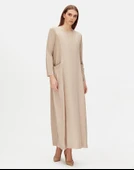 T25Y-4076 MISSDALIDA V YAKA TRİKO ASTARLI KETEN ELBİSE thumbnail 1