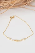 925 ayar gümüş altın yaldızlı inci ve zirkon taşlı parıltı seli gümüş bileklik SGTL13060GOLD thumbnail 4