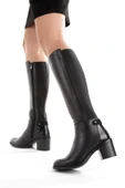 Siyah Hakiki Deri Lastikli Kalın Topuk Kadın Çizme Bicheno thumbnail 2