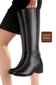 Siyah Hakiki Deri Lastikli Kalın Topuk Kadın Çizme Bicheno thumbnail 1