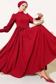 Önü Dikişli Bel Büzgülü Elbise Bordo thumbnail 1