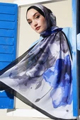 Ebruli Çiçek Desen Soft Şal Mavi Siyah thumbnail 1