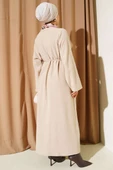 Bisiklet Yaka Armalı İp Kuşaklı Elbise Bej thumbnail 3