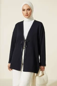 Deri Biyeli Fitilli Görünümlü Kimono Lacivert thumbnail 1
