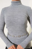 Balıkçı Yaka Parmak Geçirmeli Triko Kazak Gri thumbnail 4