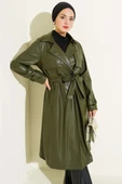 Tek Düğmeli Kuşaklı Deri Trençkot Haki thumbnail 2