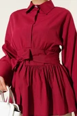 Gizli Düğmeli Bel Kuşaklı Gömlek Bordo thumbnail 4