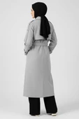 Kuşaklı Düğme Detaylı Kaşe Kaban Gri thumbnail 3