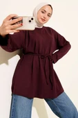 Bisiklet Yaka İp Kuşaklı Tunik Bordo thumbnail 1
