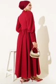 Önü Dikişli Bel Büzgülü Elbise Bordo thumbnail 3