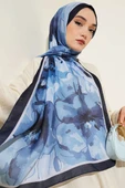 Ebruli Çiçek Desen Soft Şal İndigo thumbnail 1