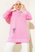 Kapüşonlu Yarım Fermuarlı Baskılı Tunik Pembe thumbnail 1