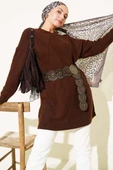 Çizgi Baklava Desen Triko Tunik Kahve thumbnail 1