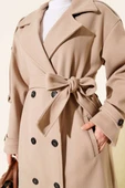 Kuşaklı Düğme Detaylı Kaşe Kaban Bej thumbnail 4