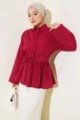 Gizli Düğmeli Bel Kuşaklı Gömlek Bordo thumbnail 1