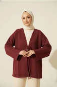 Deri Biyeli Fitilli Görünümlü Kimono Bordo thumbnail 1