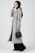 Kuşaklı Düğme Detaylı Kaşe Kaban Gri thumbnail 2