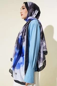 Ebruli Çiçek Desen Soft Şal Mavi Siyah thumbnail 3