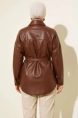 Gömlek Yaka İp Kuşaklı Deri Ceket Kahve thumbnail 3