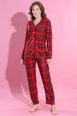 Ekose Desen Düğmeli Süet Pijama Takımı Kırmızı Siyah thumbnail 2
