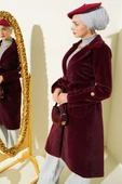 Bilek Apoletli Kuşaklı Tay Tüyü Kaban Bordo thumbnail 1