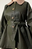 Kadife Yaka Kuşaklı Trençkot Haki thumbnail 4