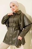 Pelerinli Kemerli Deri Ceket Haki thumbnail 1