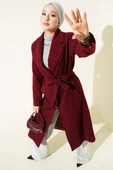 Kruvaze Yaka Kuşaklı Astarlı Kaban Bordo thumbnail 1
