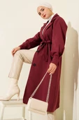Kruvaze Yaka Kuşak Detaylı Trençkot Bordo thumbnail 1