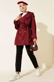 Pelerinli Dört Düğmeli Kısa Trençkot Bordo thumbnail 2