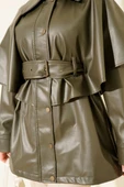 Pelerinli Kemerli Deri Ceket Haki thumbnail 4