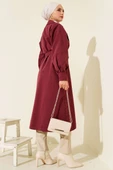 Kruvaze Yaka Kuşak Detaylı Trençkot Bordo thumbnail 3