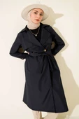 Pelerinli Tek Düğmeli Kuşaklı Trençkot Lacivert thumbnail 1