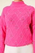 Dik Yaka Taşlı Triko Kazak Pembe thumbnail 4