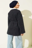 Fermuarlı Kuşaklı Keçe Ceket Lacivert thumbnail 3