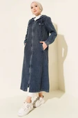 Kapşonlu Fermuarlı Uzun Hırka Kot thumbnail 2