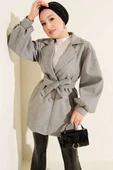 Balon Kol Kuşaklı Kısa Kaban Gri thumbnail 2