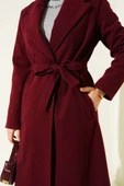 Kruvaze Yaka Kuşaklı Astarlı Kaban Bordo thumbnail 4