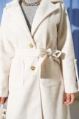 Bilek Apoletli Kuşaklı Tay Tüyü Kaban Bej thumbnail 4