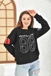 Bisiklet Yaka Baskı ve Taşlı Rakam Figürlü Siyah Kadın Sweatshirt - 3