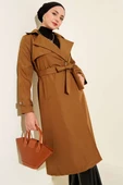 Pelerinli Tek Düğmeli Kuşaklı Trençkot Taba thumbnail 1