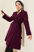 Kol Düğmeli Kuşaklı Kaşe Kaban Mor thumbnail 1
