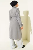 Boydan Düğmeli Kruvaze Yaka Kaşe Kaban Gri thumbnail 3