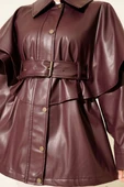 Pelerinli Kemerli Deri Ceket Bordo thumbnail 4