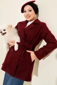 Kuşaklı Kruvaze Yaka Kısa Kaşe Kaban Bordo thumbnail 1