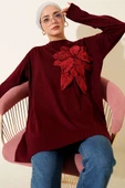 Büyük Çiçek Desenli Triko Tunik Bordo thumbnail 1