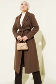 Kruvaze Yaka Kuşaklı Astarlı Kaban Kahve thumbnail 2